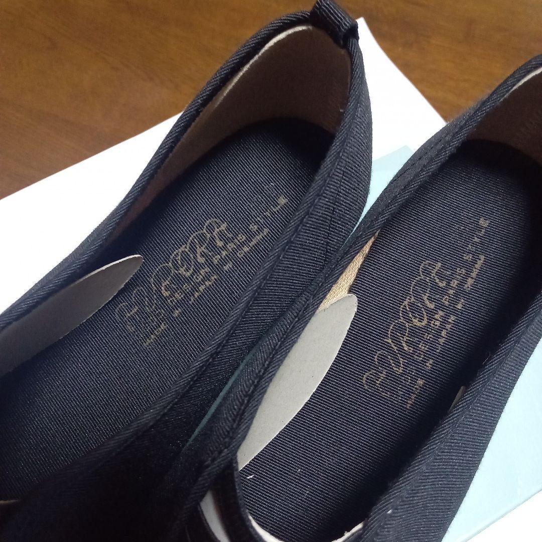 黒の花柄刺繍フラットシューズ　トールペインティング　23センチ　EEE ブラック