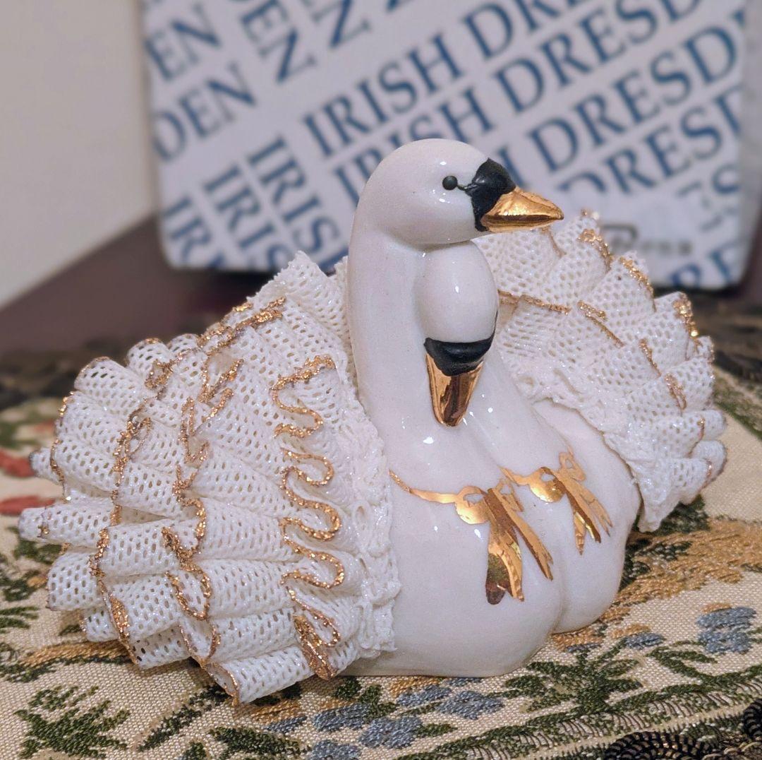 希少 アイリッシュドレスデン スワンカップル 磁器レース 箱・しおり付