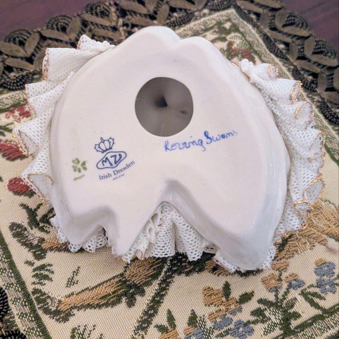 希少 アイリッシュドレスデン スワンカップル 磁器レース 箱・しおり付