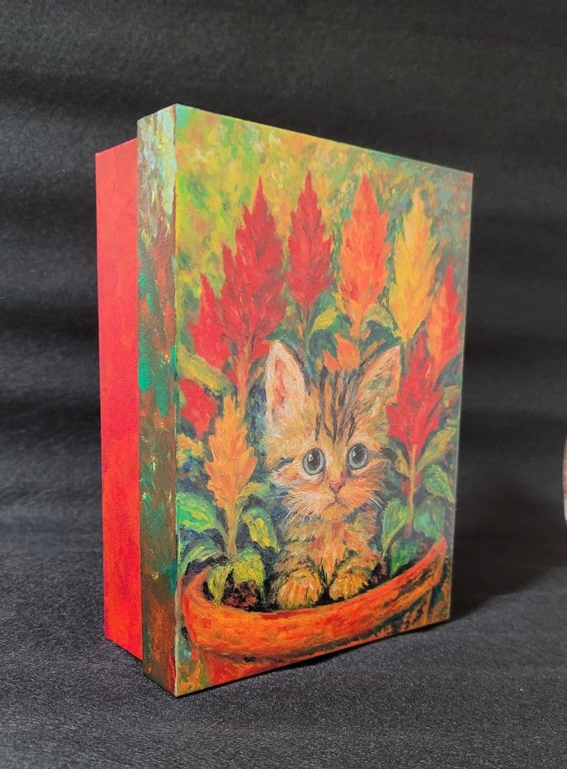 【原画】オイルパステル画「子猫とケイトウの花」の秘密の絵箱 1点物