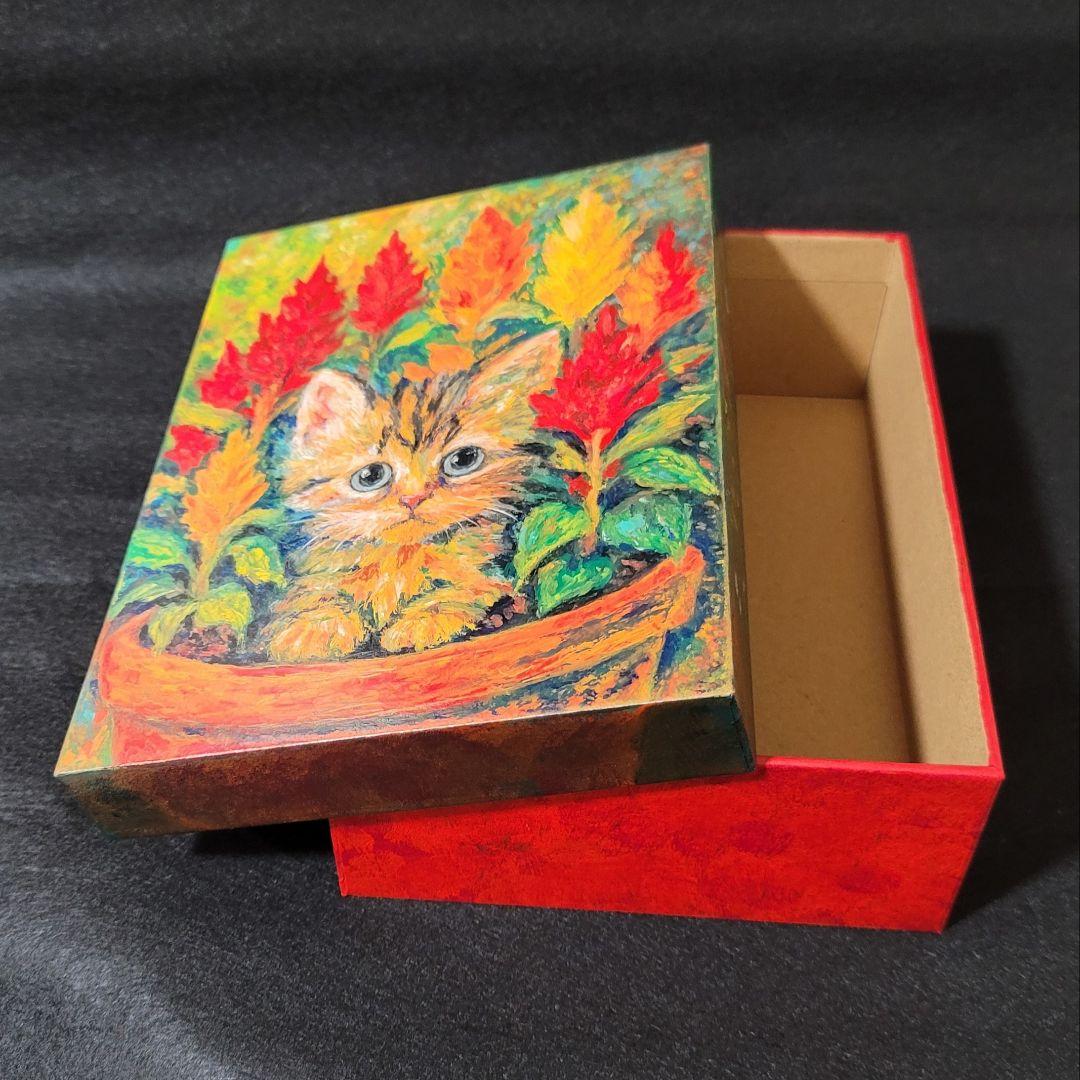 【原画】オイルパステル画「子猫とケイトウの花」の秘密の絵箱 1点物