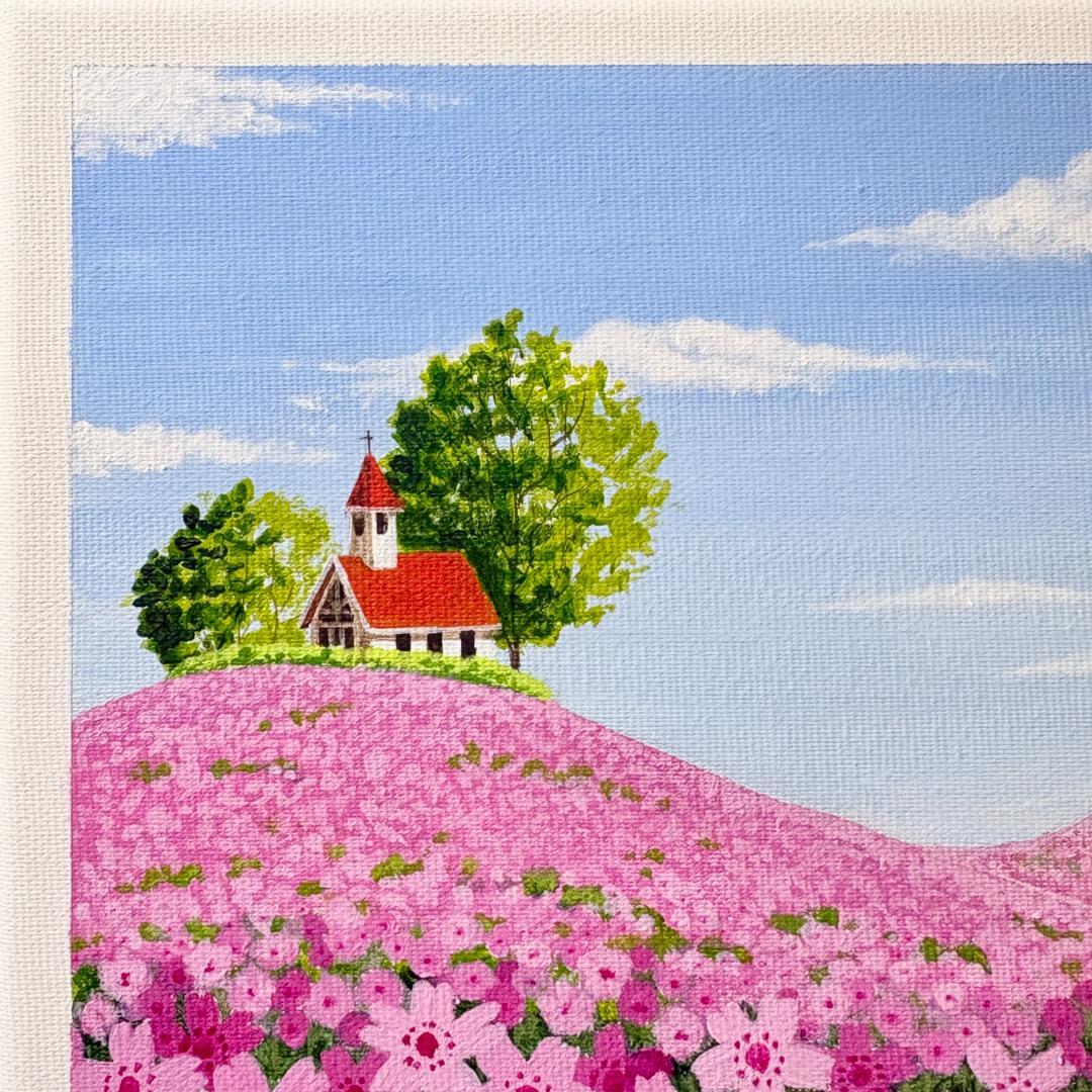 アクリル画　原画　「芝桜の咲く丘02」　SSMサイズ　風景画　キャンバス