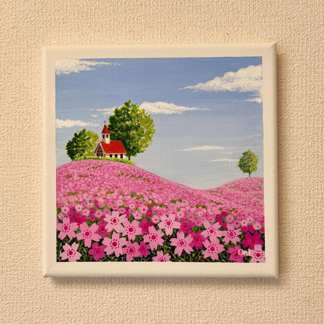 アクリル画　原画　「芝桜の咲く丘02」　SSMサイズ　風景画　キャンバス