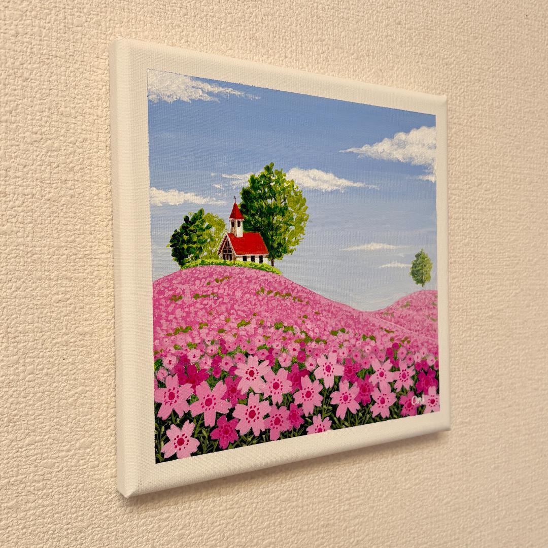 アクリル画　原画　「芝桜の咲く丘02」　SSMサイズ　風景画　キャンバス