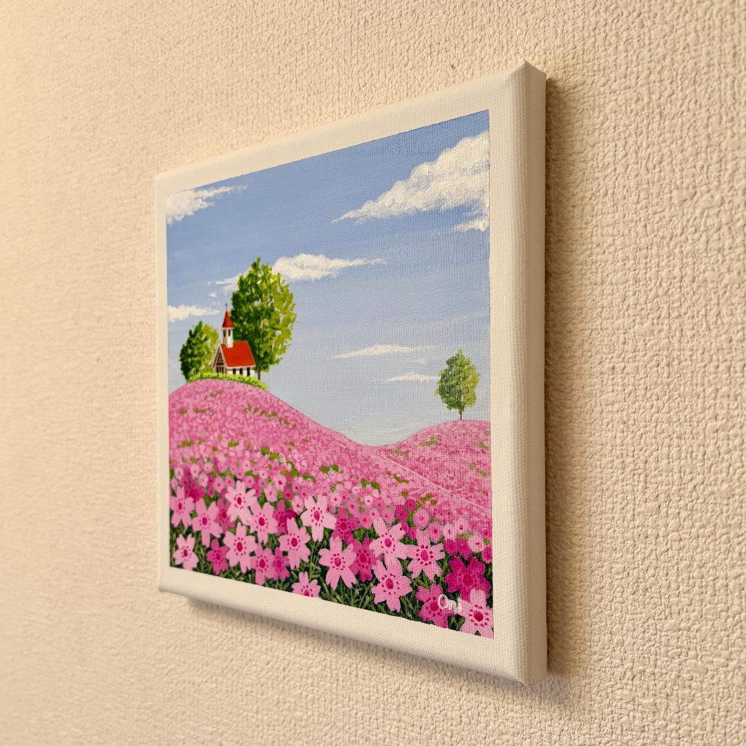 アクリル画　原画　「芝桜の咲く丘02」　SSMサイズ　風景画　キャンバス