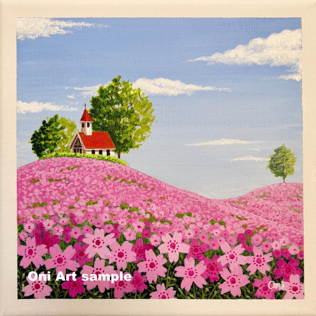 アクリル画　原画　「芝桜の咲く丘02」　SSMサイズ　風景画　キャンバス