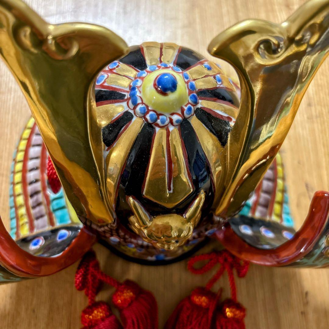 九谷焼　友山窯　金彩　6号兜・緑彩　鎧兜　兜　縁起物