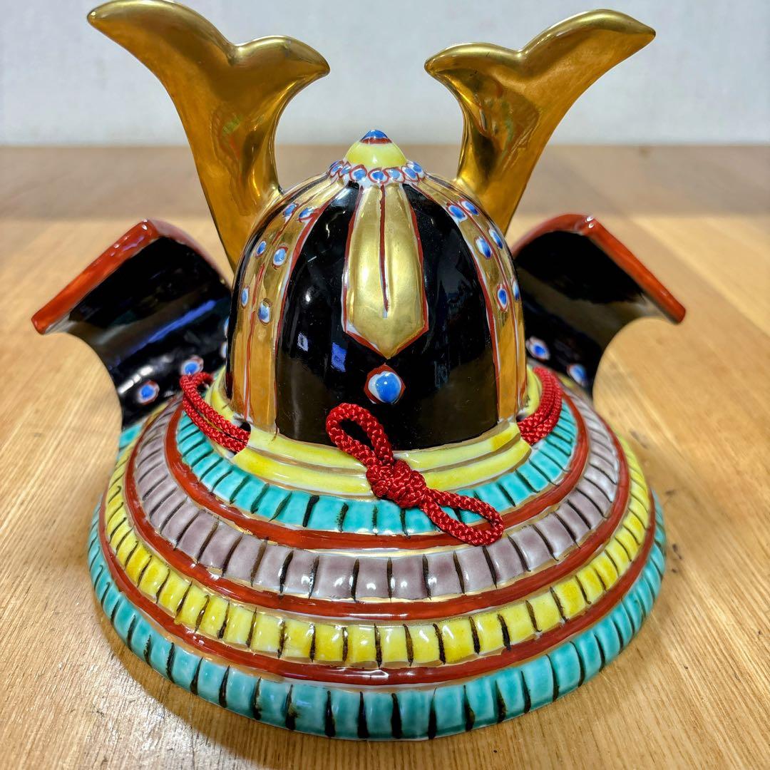 九谷焼　友山窯　金彩　6号兜・緑彩　鎧兜　兜　縁起物