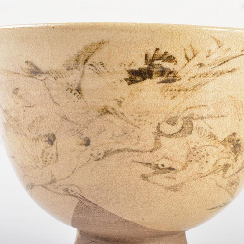 茶道具　京焼　野々村仁清造　鶴図　茶碗　表千家十三代即中斎極箱　D　R6792