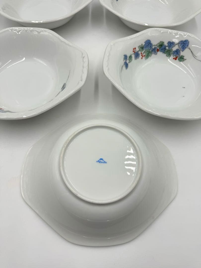 オールド深川製磁　耳付楕円　ぶどう絵皿　5枚組