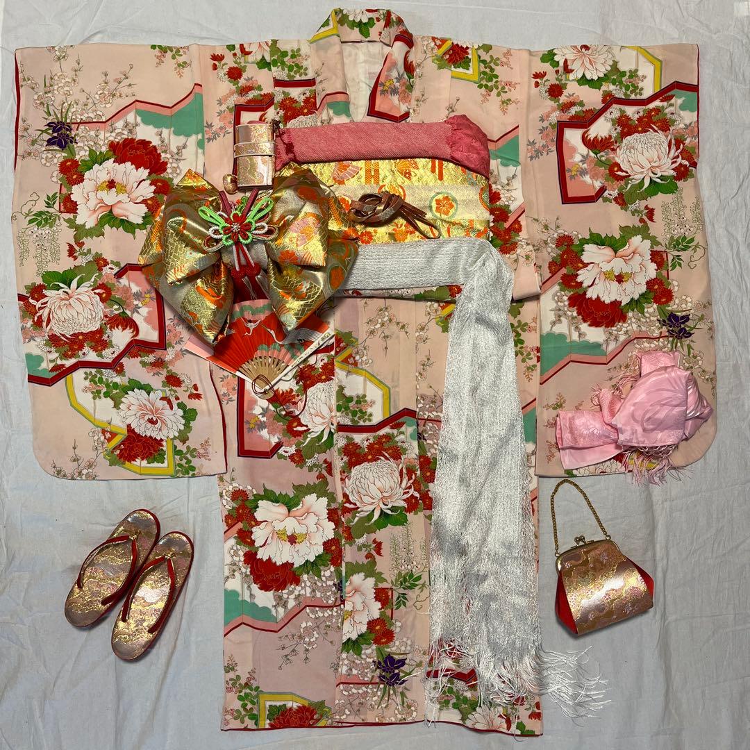 七五三　ハーフ成人式　ピンク　正絹　アンティーク　大正ロマン　花柄