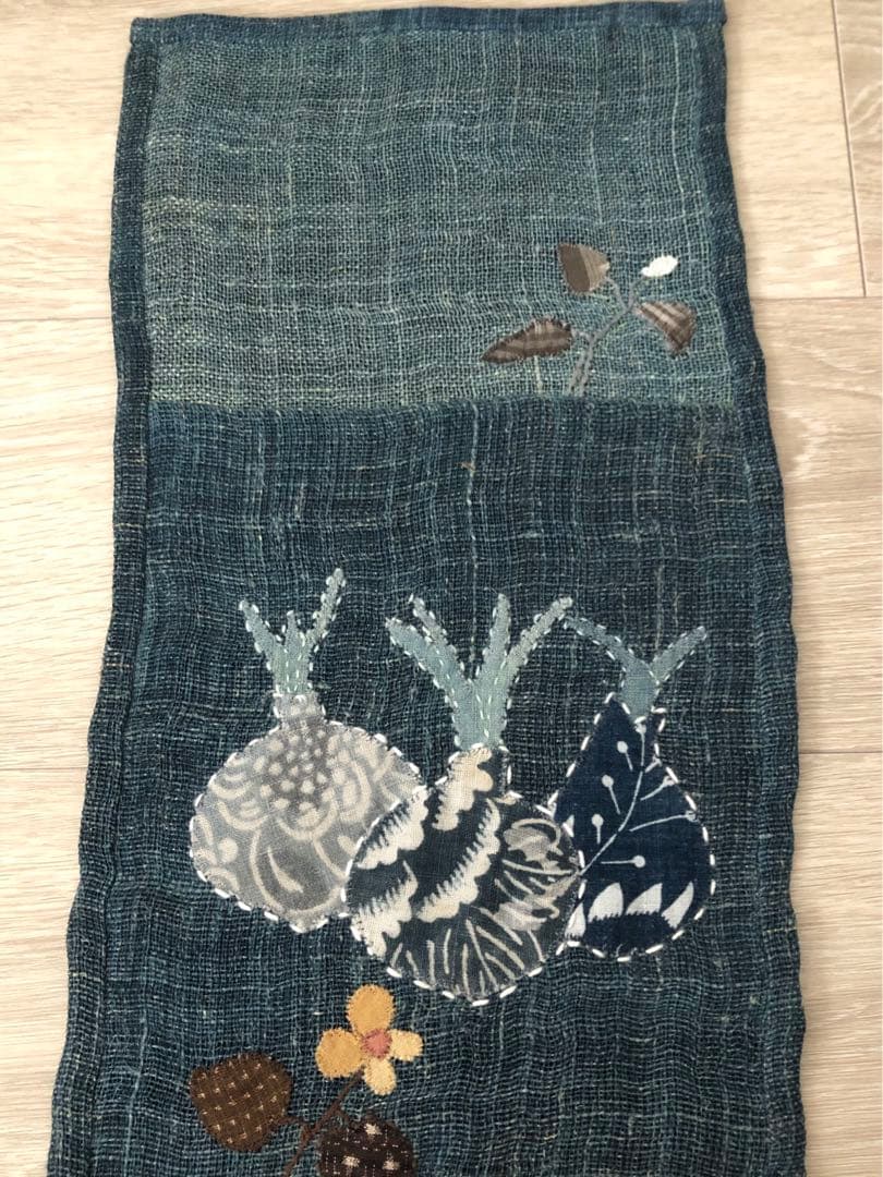 ハンドメイド☆古布 着物 絣 タペストリー パッチワーク 刺し子 野菜 玉ねぎ