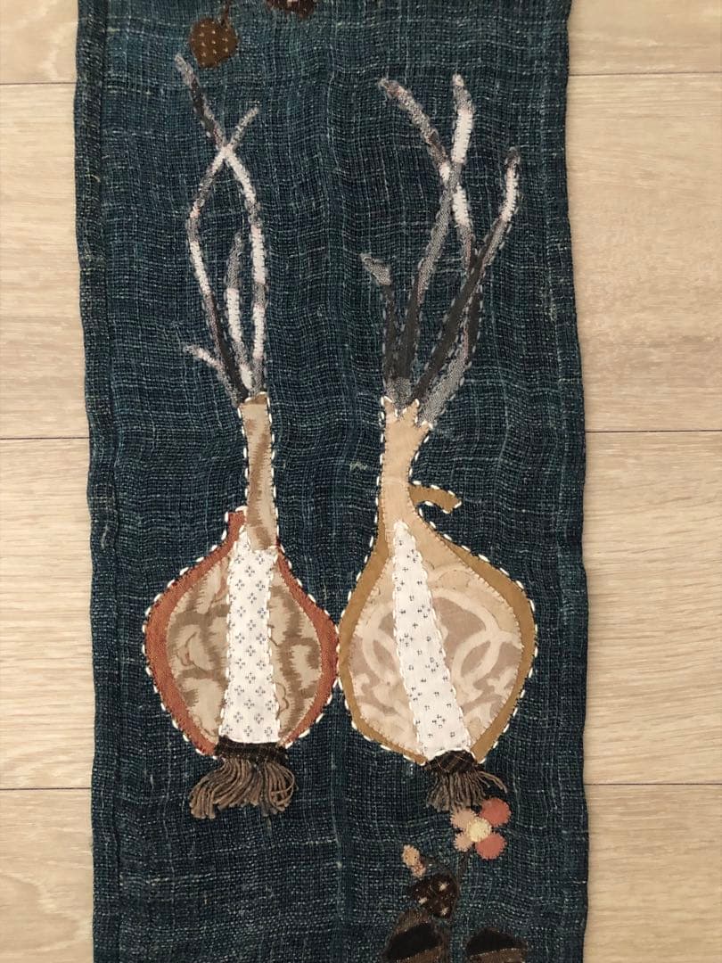 ハンドメイド☆古布 着物 絣 タペストリー パッチワーク 刺し子 野菜 玉ねぎ