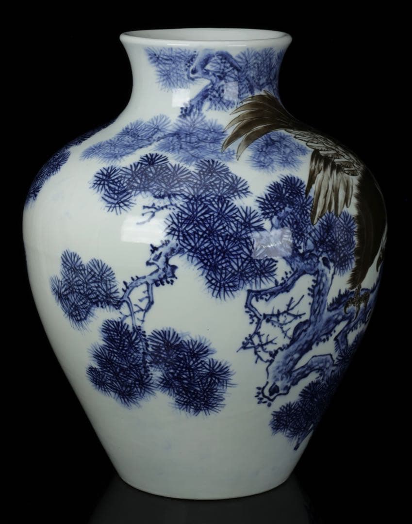 【猿川谷 山徳窯】有田焼 染付 松鷹図大花瓶 56㎝ 飾壺 時代物 古美術 骨董