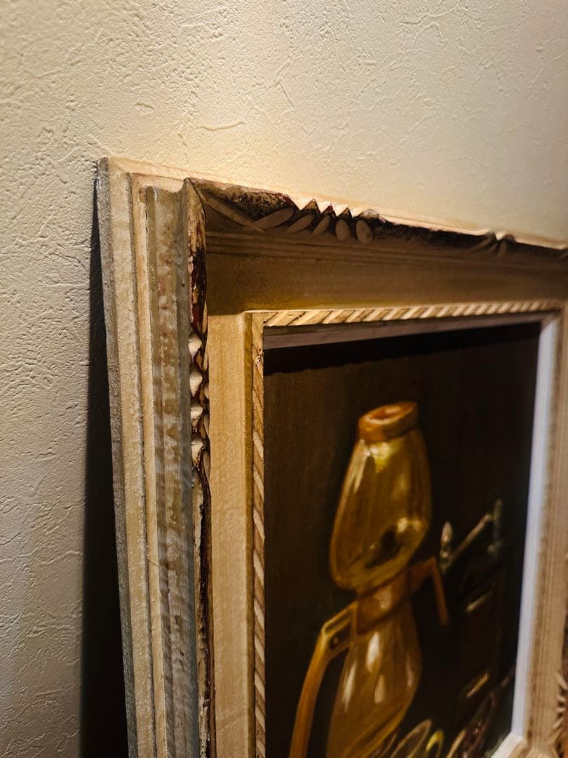 【真筆】1956年制作 油絵 静物画 コーヒー 豪華手彫り額縁 アンティーク