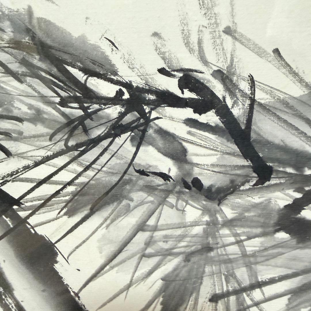 大型 水墨画 松図 肉筆 額装 日本画 横長 アート アンティーク 骨董 古美術