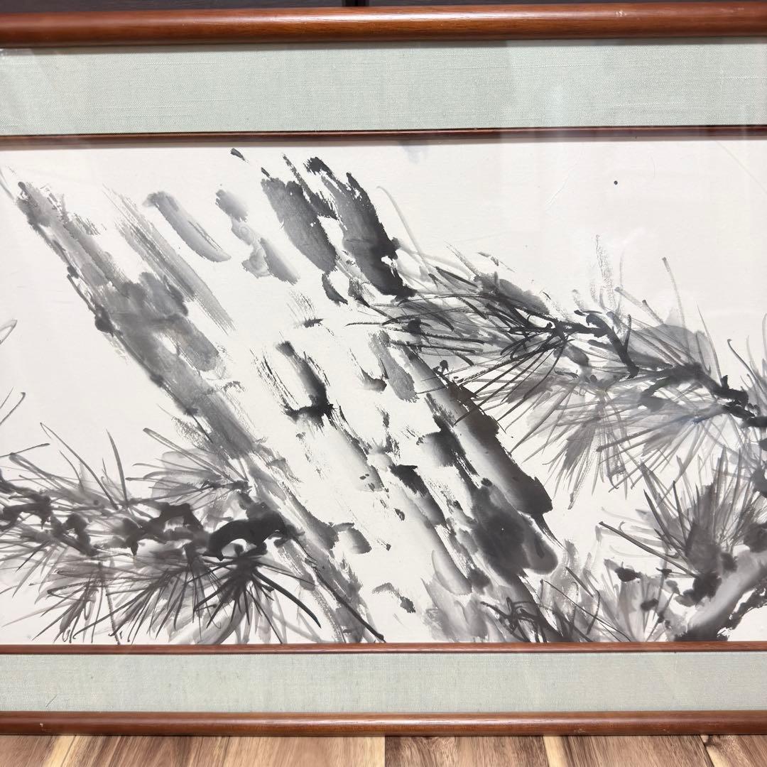大型 水墨画 松図 肉筆 額装 日本画 横長 アート アンティーク 骨董 古美術