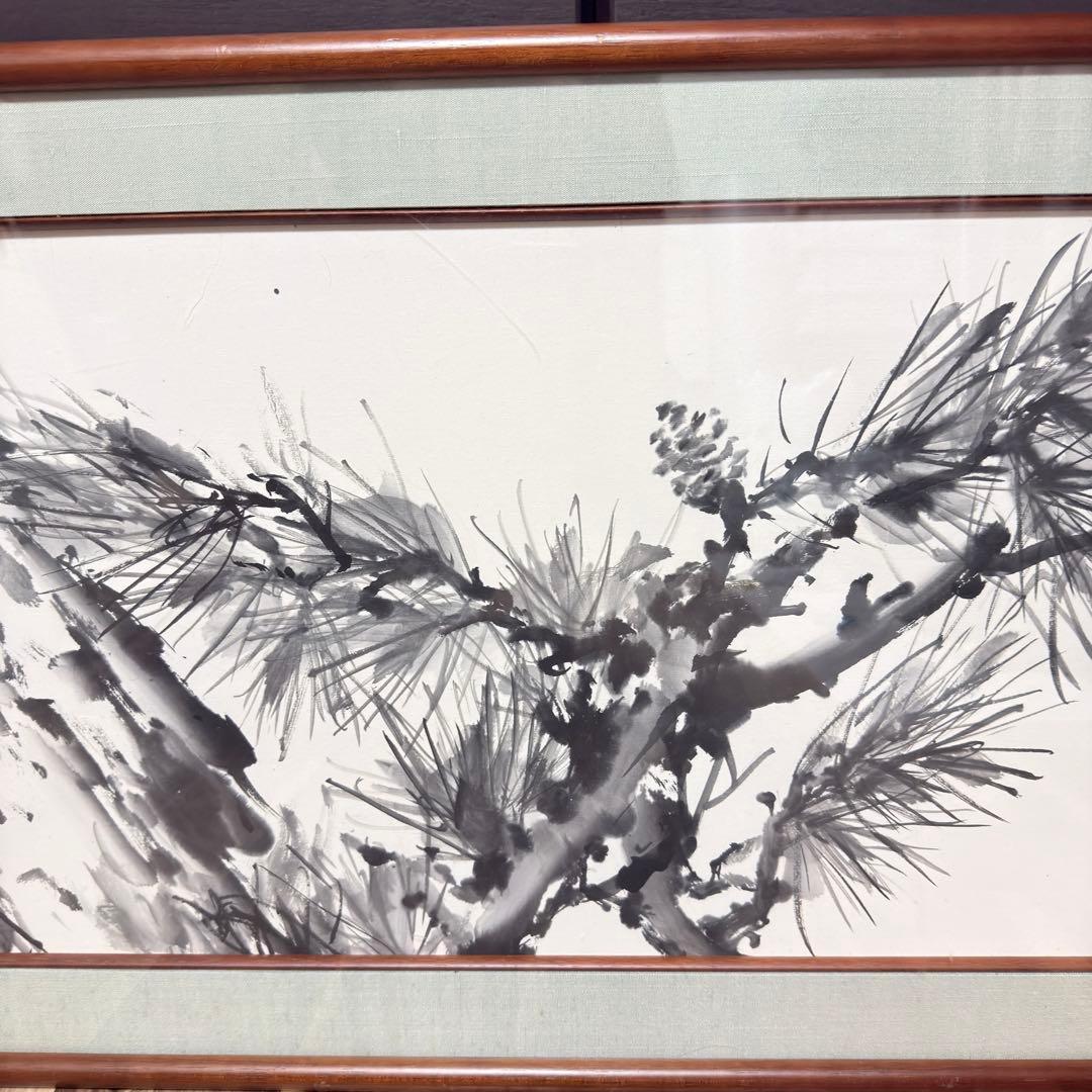 大型 水墨画 松図 肉筆 額装 日本画 横長 アート アンティーク 骨董 古美術