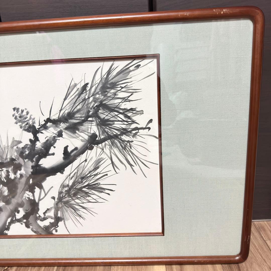 大型 水墨画 松図 肉筆 額装 日本画 横長 アート アンティーク 骨董 古美術
