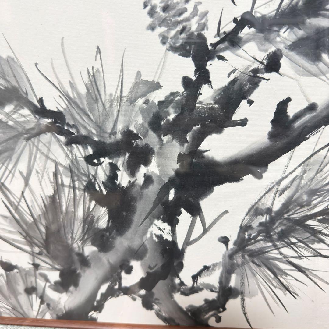 大型 水墨画 松図 肉筆 額装 日本画 横長 アート アンティーク 骨董 古美術