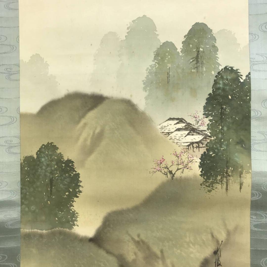 真作/尾竹竹坡/春景山水図/春の掛軸/掛軸/名家伝来/AK-452