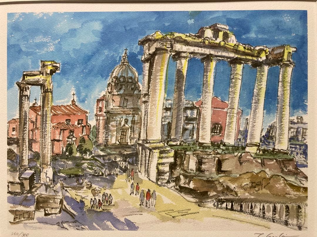 俳優 榎木孝明 リトグラフ 版画「紺碧の空に（フォロローマノ）」 サイン 新額装