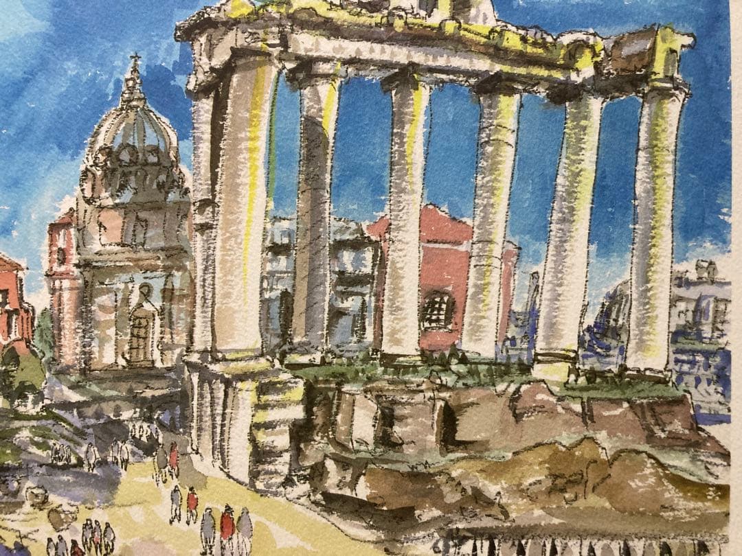 俳優 榎木孝明 リトグラフ 版画「紺碧の空に（フォロローマノ）」 サイン 新額装