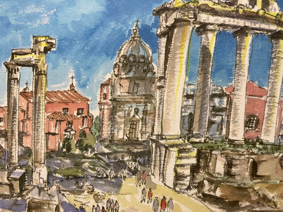 俳優 榎木孝明 リトグラフ 版画「紺碧の空に（フォロローマノ）」 サイン 新額装