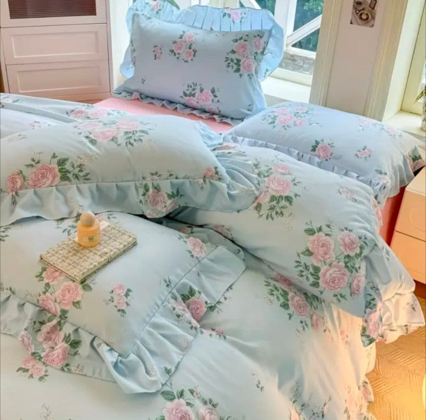 最終価格新品★綿100%ピンク薔薇シングルフリル掛け布団カバー枕カバーシーツ4点