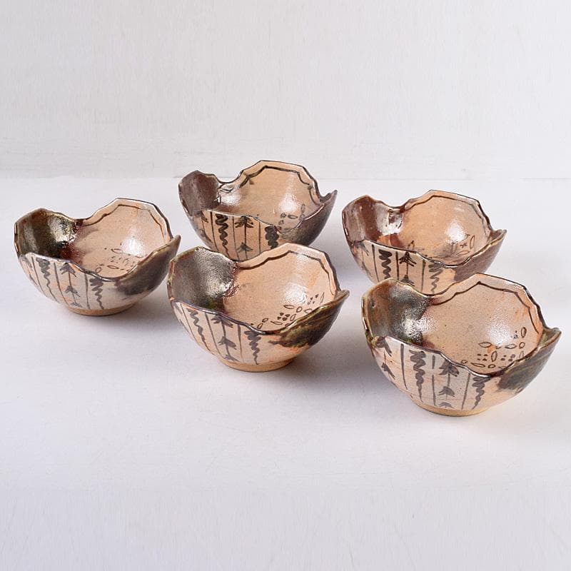 和食器　瀬戸織部　鳴海織部　加藤作助作　割山椒向付　五客　時代箱付　VR9005