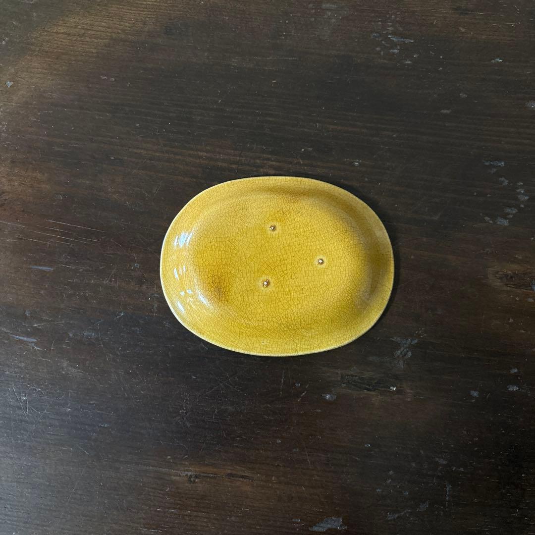 珉平焼　黄釉　淡路焼　龍紋　5点　豆皿　明治　茶道具　懐石　小鉢　酒器　検:李朝