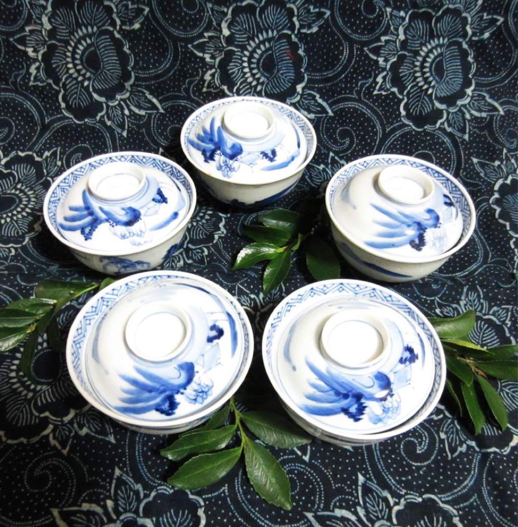 【骨董品】古伊万里 染付 蓋付き 小鉢 5客セット　アンティーク