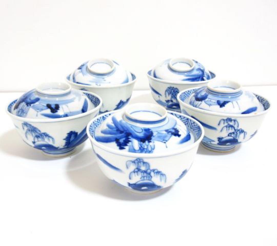 【骨董品】古伊万里 染付 蓋付き 小鉢 5客セット　アンティーク