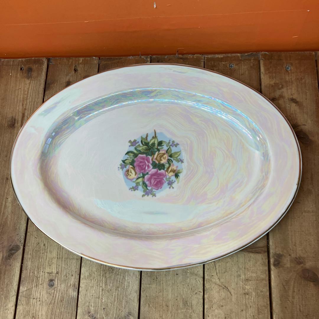 D-4 大皿 オーバルプレート ラスター彩 オーロラ 真珠光沢 薔薇 ローズ 花