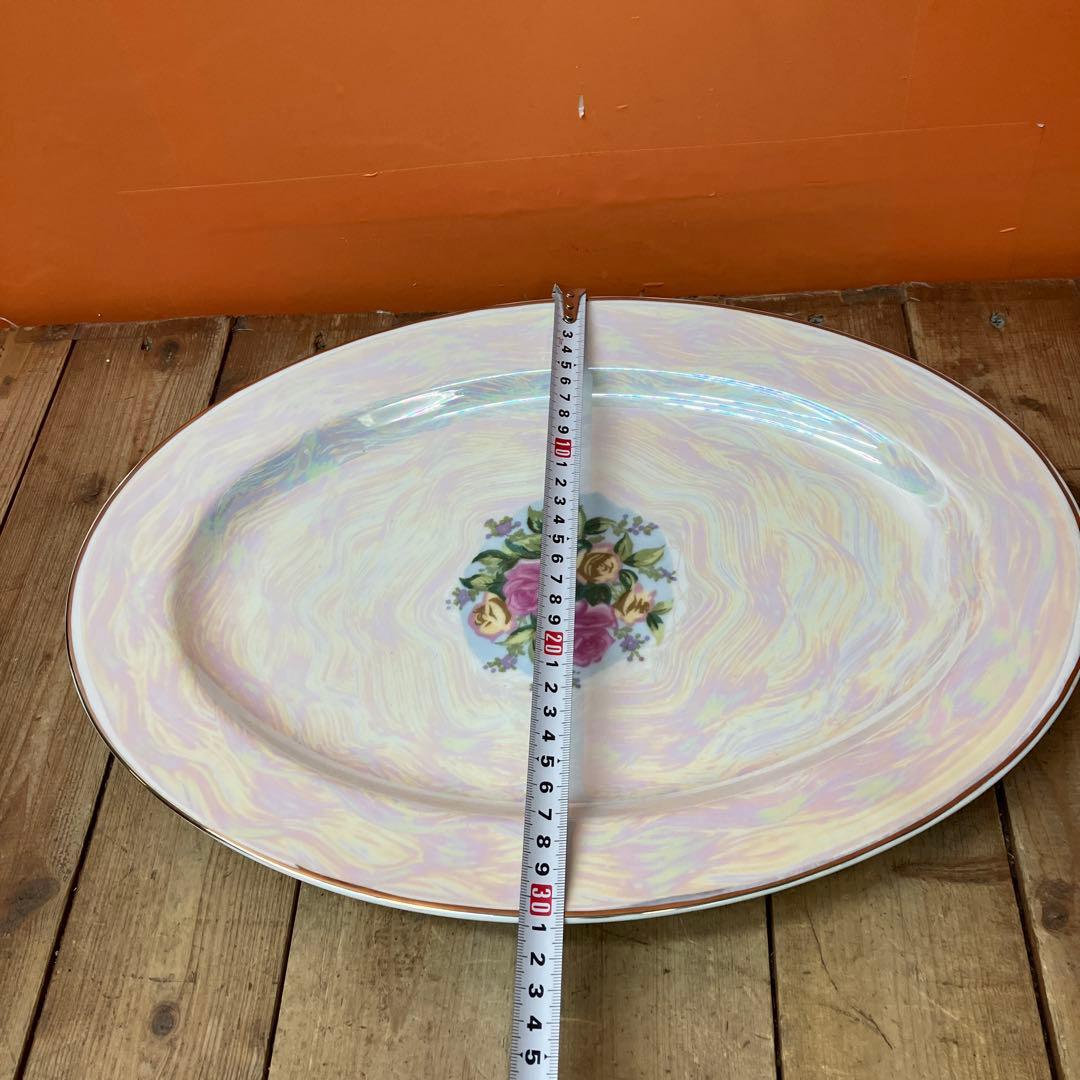 D-4 大皿 オーバルプレート ラスター彩 オーロラ 真珠光沢 薔薇 ローズ 花