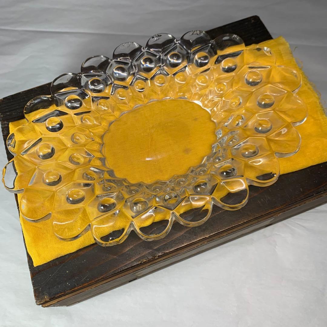 K666⭐︎共箱入 “えど硝子 菓子器 一調 ”鉛ガラス 楕円形プレート ビードロ