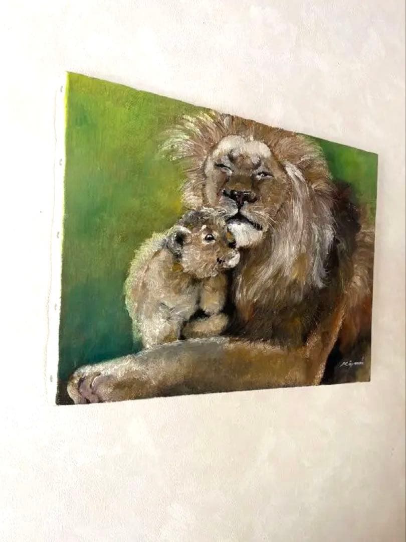 親子のライオンの油絵　333×242mm（F4）