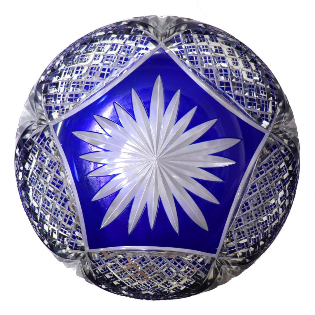 オールド・バカラ 1890年美術館級 大型青色被せ装飾 丸型切子鉢 茶懐石道具