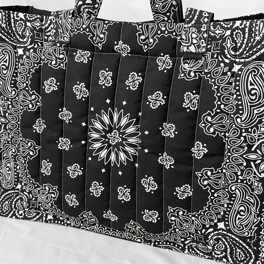 再販⭐︎キルトビッグトート　ブラック　 ペイズリー柄　ダブルハンドル