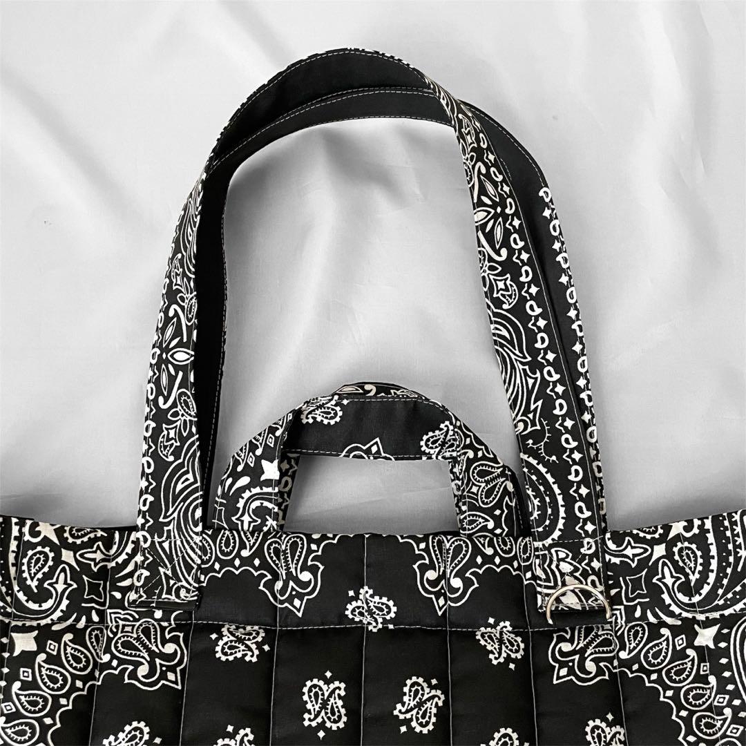 再販⭐︎キルトビッグトート　ブラック　 ペイズリー柄　ダブルハンドル