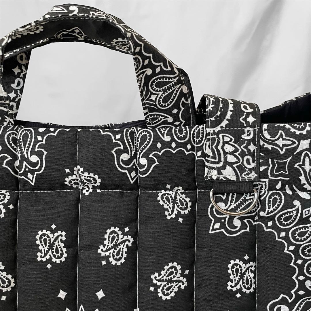 再販⭐︎キルトビッグトート　ブラック　 ペイズリー柄　ダブルハンドル