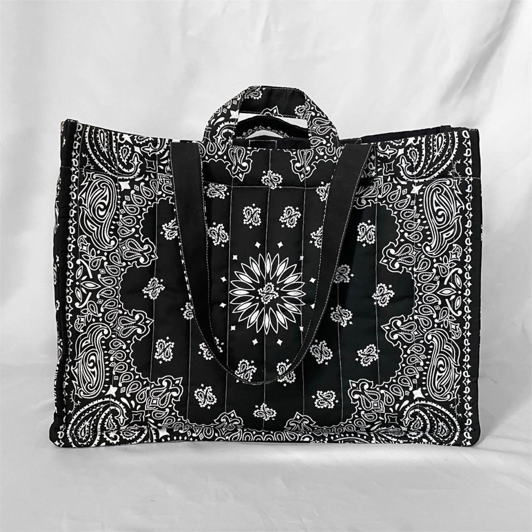 再販⭐︎キルトビッグトート　ブラック　 ペイズリー柄　ダブルハンドル