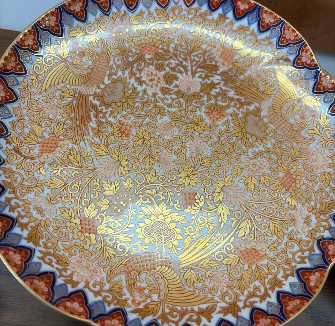 其泉作 極錦金彩鳳凰文 三ツ足大皿 中皿 未使用品