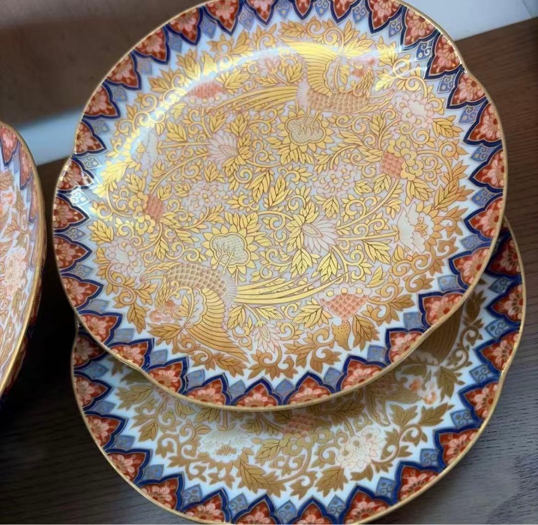 其泉作 極錦金彩鳳凰文 三ツ足大皿 中皿 未使用品