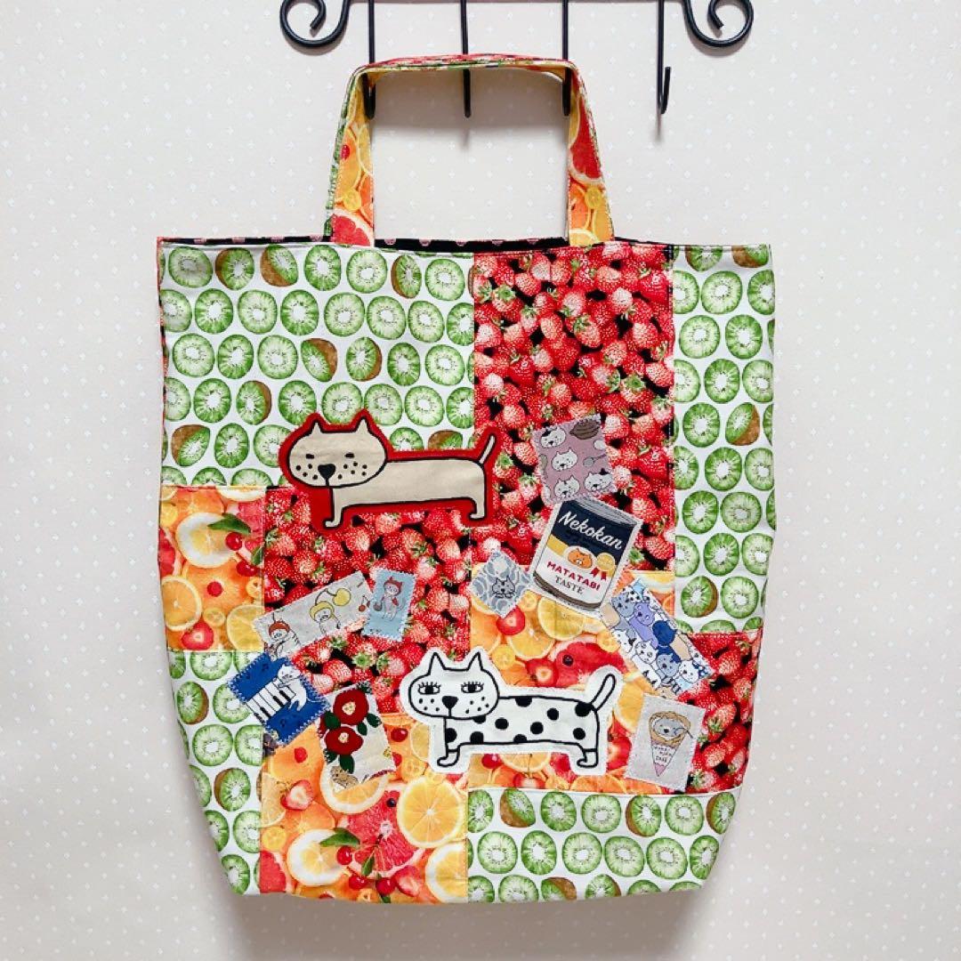 ひまわり。 パッチワークトートバッグ ねこフェイスチャーム