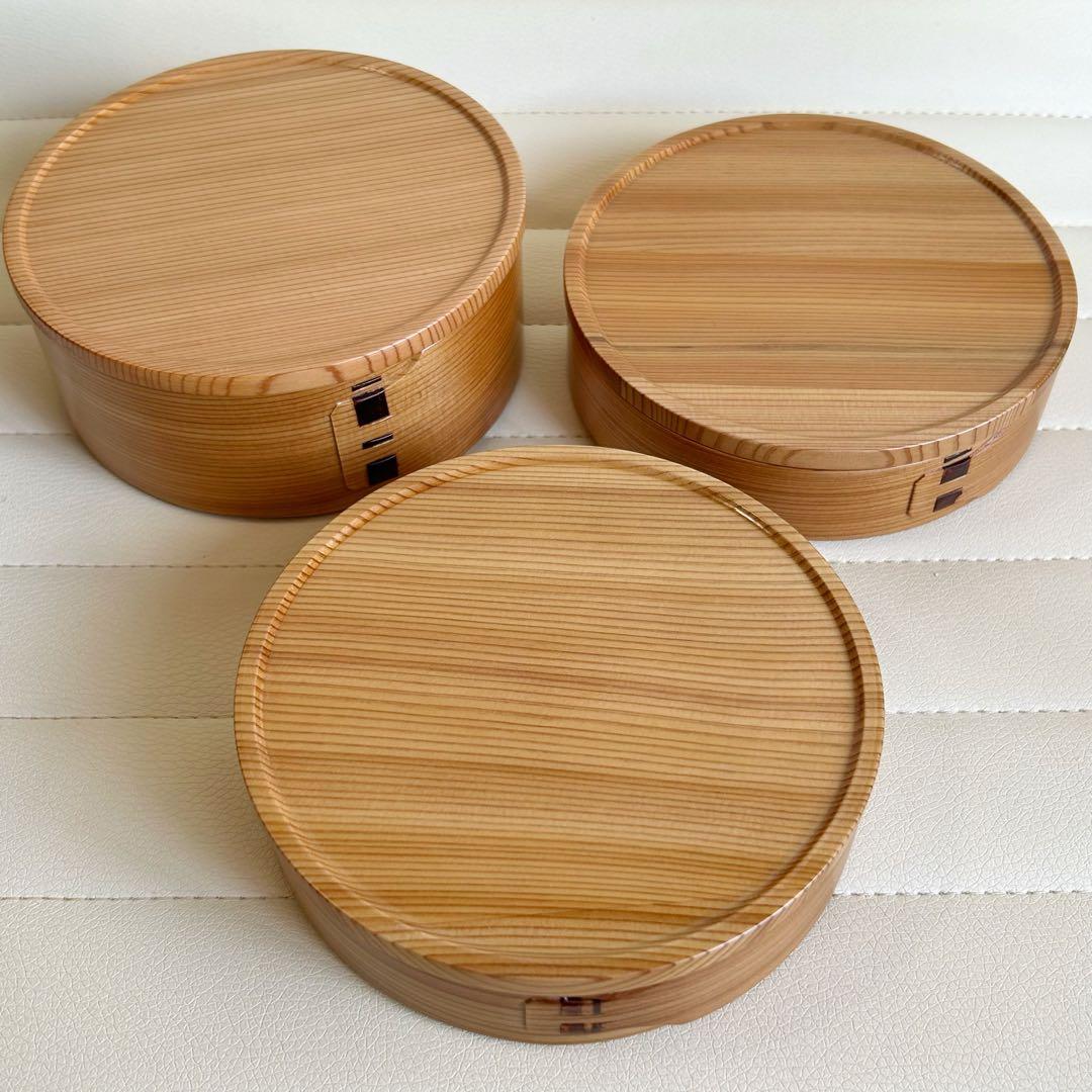 大館工芸社　曲げわっぱ　三段重　重箱　弁当箱　秋田杉　菓子器　丸型　天然木　重鉢