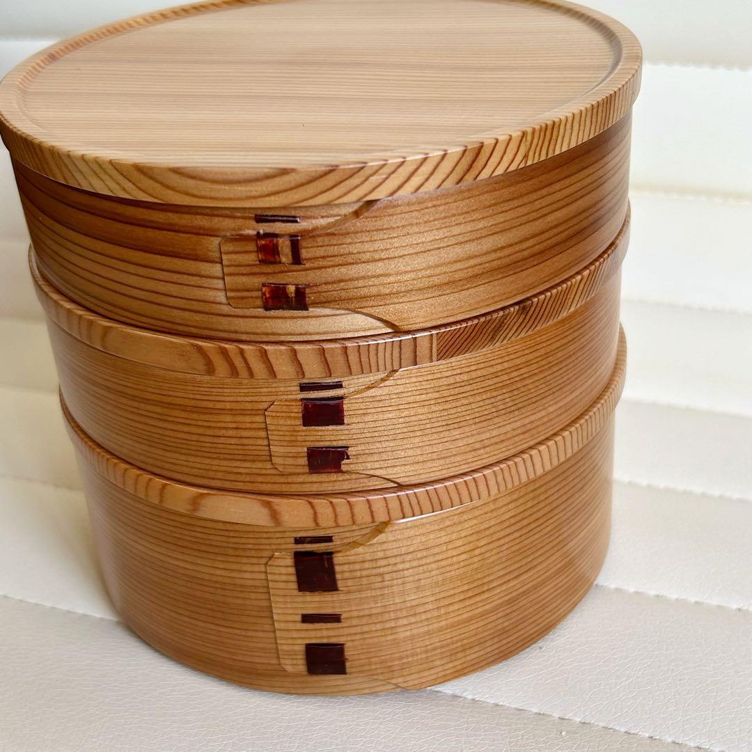 大館工芸社　曲げわっぱ　三段重　重箱　弁当箱　秋田杉　菓子器　丸型　天然木　重鉢