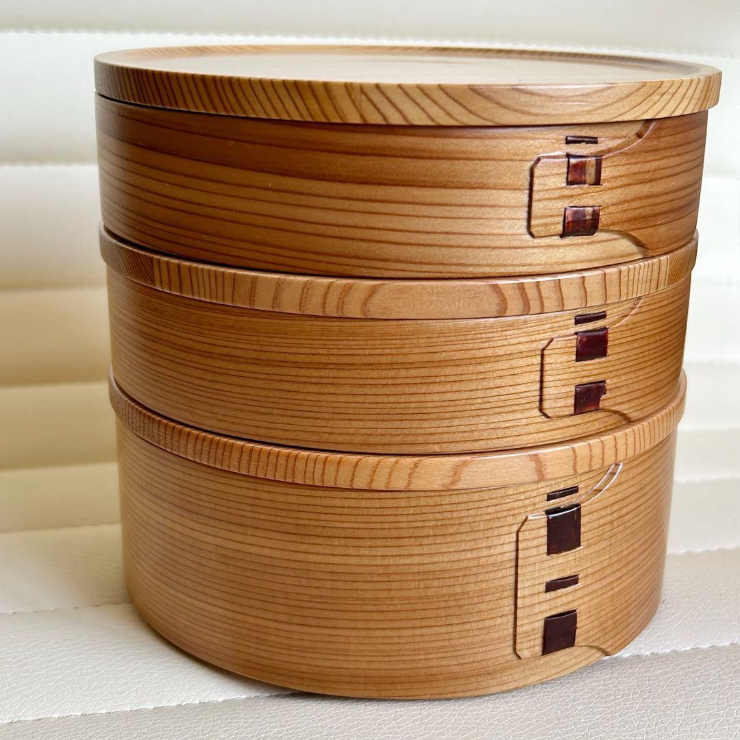 大館工芸社　曲げわっぱ　三段重　重箱　弁当箱　秋田杉　菓子器　丸型　天然木　重鉢
