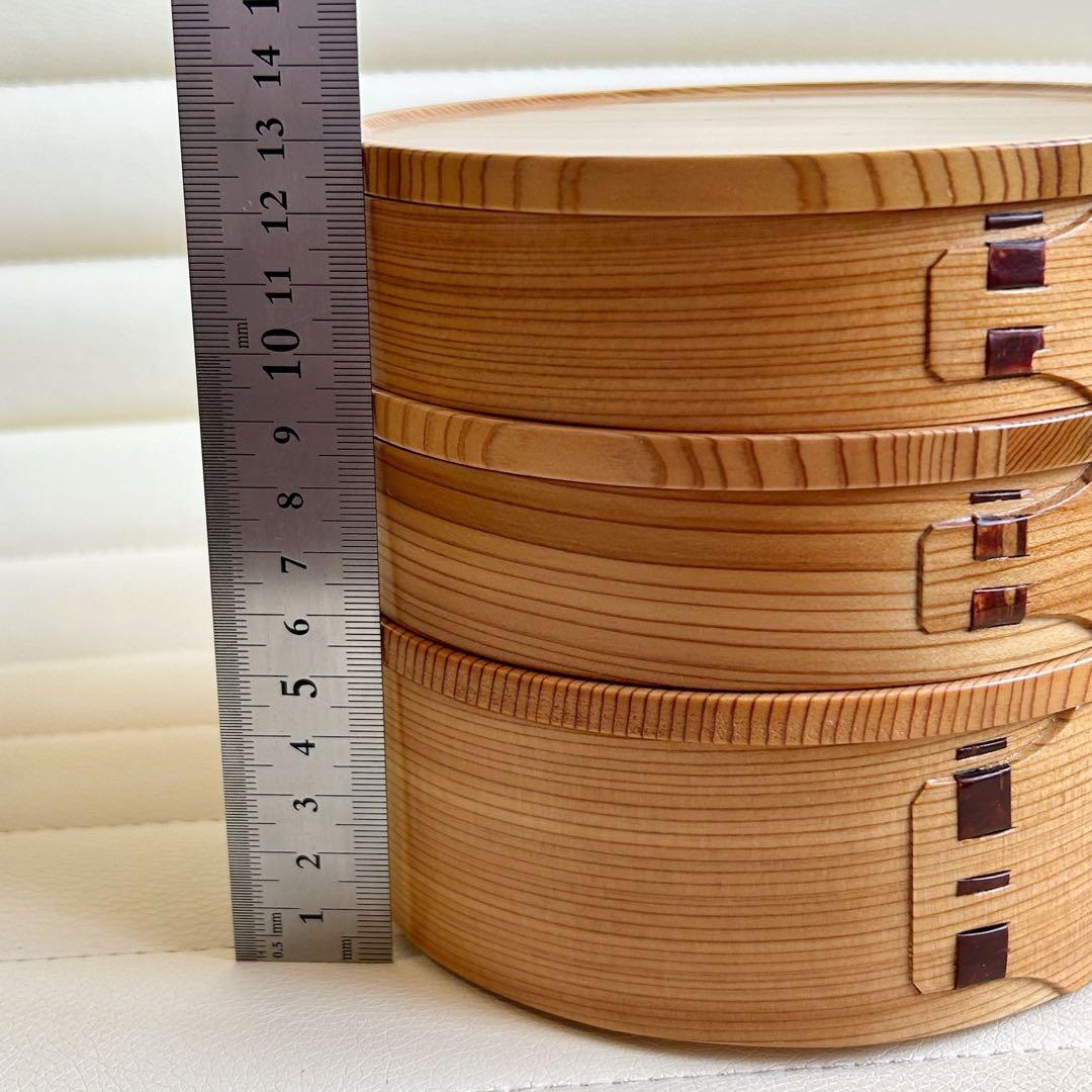 大館工芸社　曲げわっぱ　三段重　重箱　弁当箱　秋田杉　菓子器　丸型　天然木　重鉢