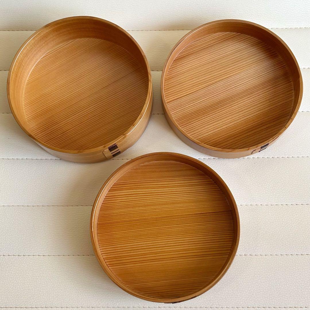 大館工芸社　曲げわっぱ　三段重　重箱　弁当箱　秋田杉　菓子器　丸型　天然木　重鉢